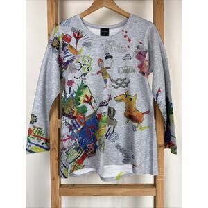 NWT Inoah Gray Artsy Dog Pattern High Low Hem Long Top #0870 XS USA